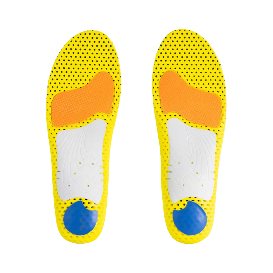 Bottom view of Currex RunPro Medium Profile Insole in Yellow – featuring a dynamic arch support structure, deep heel cradle for impact absorption, and textured grip zones to prevent insole movement inside the shoe.