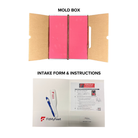 Fit My Feet custom orthotic kit showing two main components: a mold box with pink foam foot molds, and an intake folder containing a pen, Fit My Feet shoe horn, instructions, intake form, and a $25 gift card.