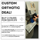 Promotional ad for Fit My Feet custom orthotics featuring a deal: buy two pairs for $599.99. Text explains pricing tiers based on mold retention, alongside a photo of a technician working on an orthotic using a grinding machine.