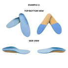 Custom orthotic insoles labeled 'EXAMPLE 2' shown in two views. The top/bottom view displays the blue top surface where the foot rests and the tan (cork) bottom layer that contacts the shoe interior. The side view highlights the insole’s contoured profile, including built-in arch support and layered construction with blue on top and tan underneath.