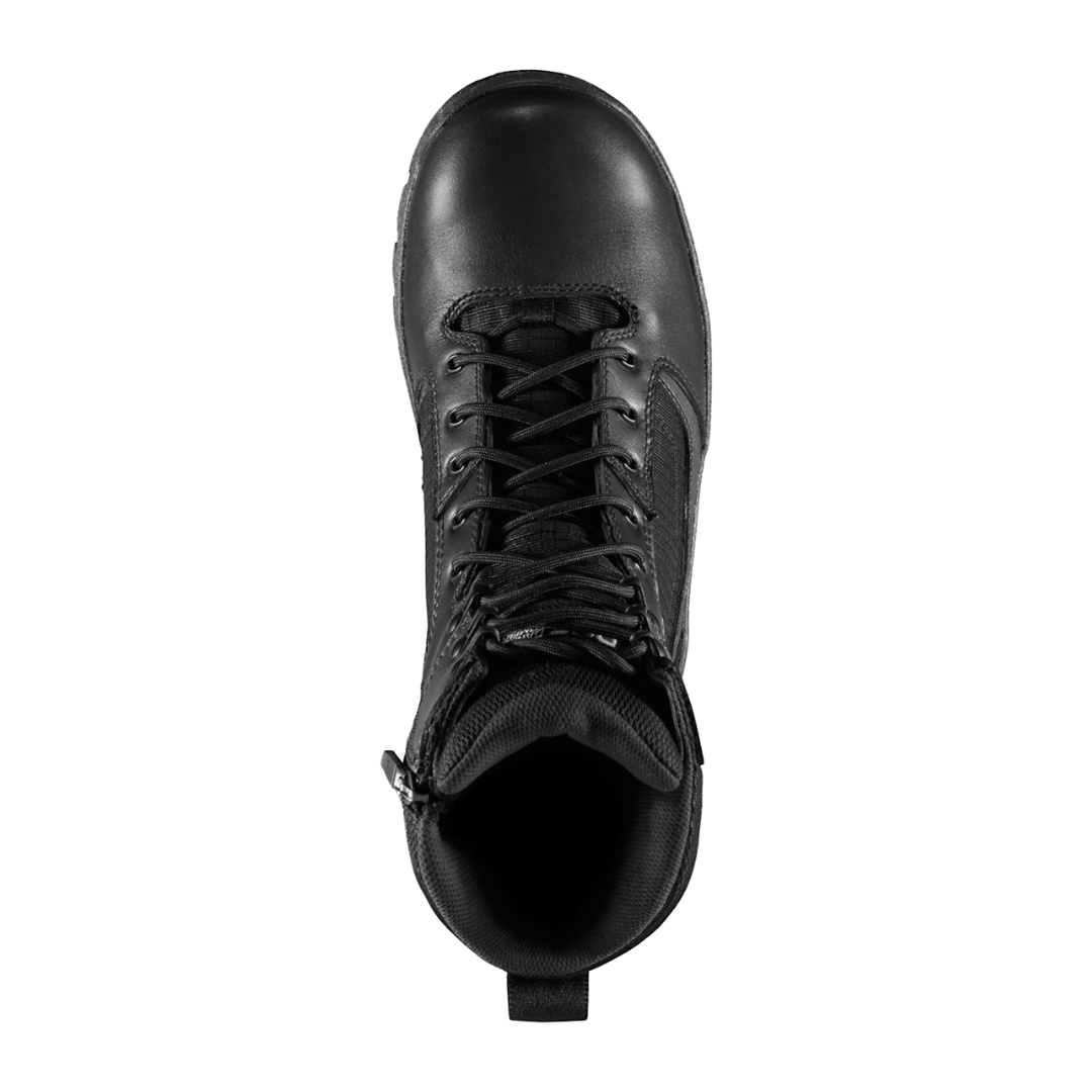 Top view of Men’s Danner Lookout Side-Zip 8″ boot in black – featuring a padded collar, lace-up front, and breathable mesh lining for all-day comfort.