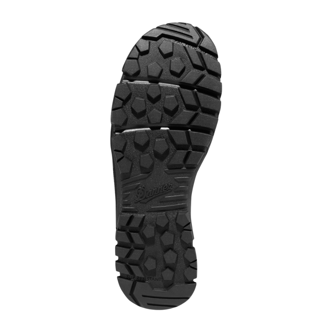 Bottom view of Men’s Danner Lookout Side-Zip 8″ boot in black – featuring a slip-resistant rubber outsole with dynamic lug pattern for superior traction.