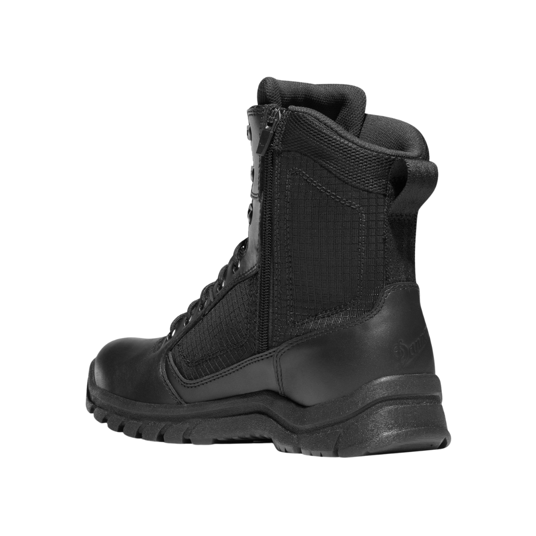 Angled  view of Men’s Danner Lookout Side-Zip 8″ boot in black – featuring a full-grain leather and ripstop nylon upper, side zipper for easy entry, and waterproof Danner Dry liner.