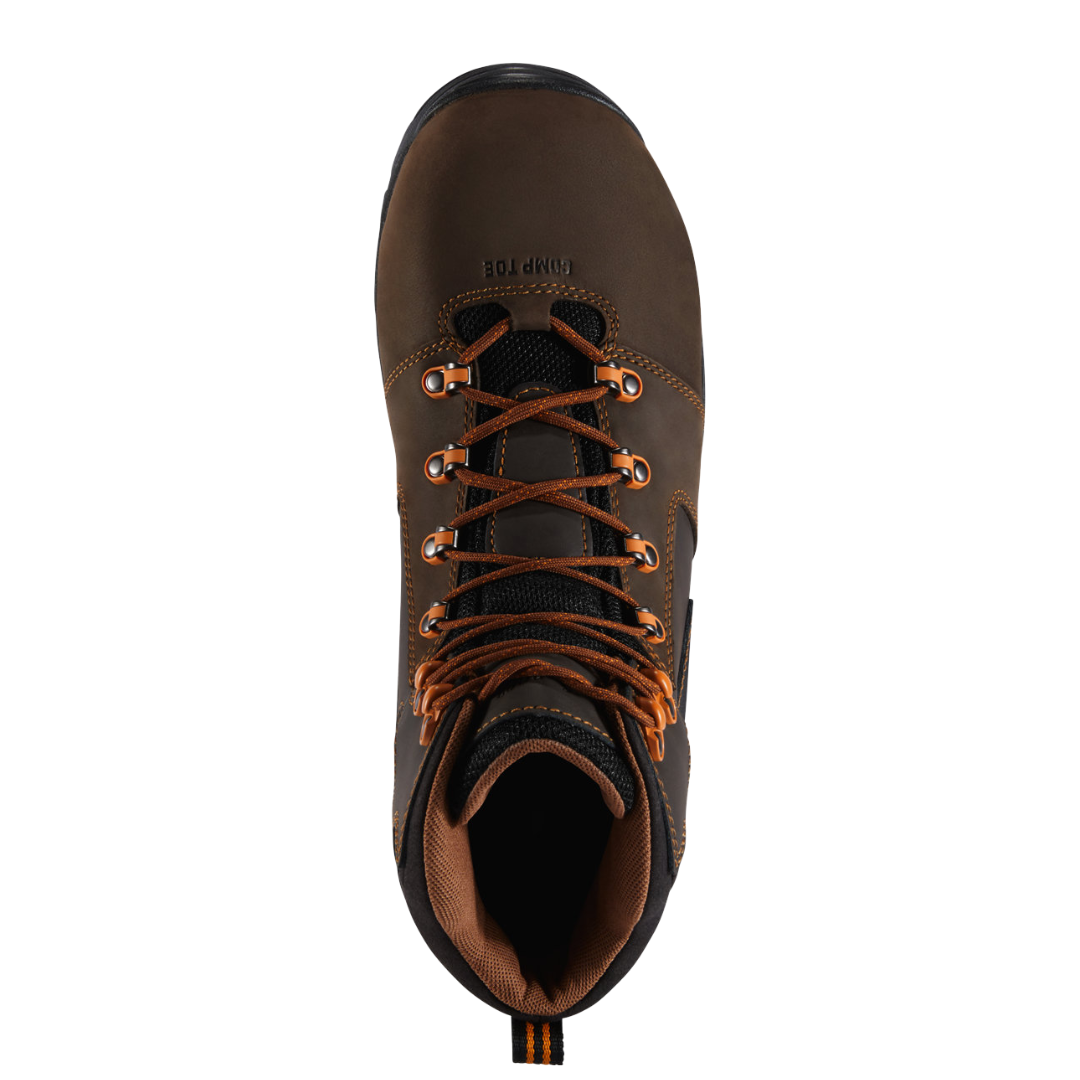 Top view of Men’s Danner Vicious 4.5″ work boot in brown and orange – featuring full-grain leather upper, speed lace system, and padded collar for secure fit.