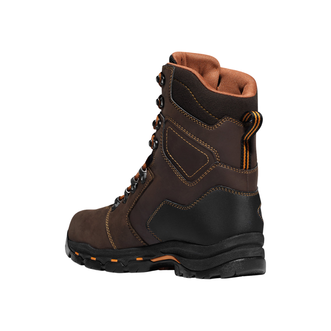 Angled view of Men’s Danner Vicious 8″ work boot in brown – featuring composite safety toe, waterproof GORE-TEX lining, and Vibram® outsole for slip resistance.