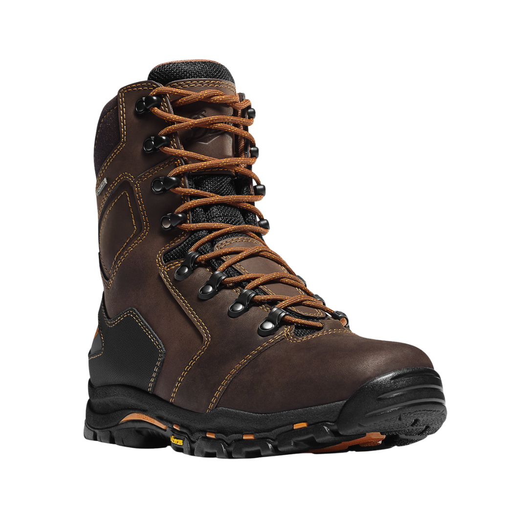 Angled view of Men’s Danner Vicious 8″ work boot in brown – featuring full-grain leather construction, composite safety toe, and rugged Vibram® outsole with reinforced heel and waterproof protection.