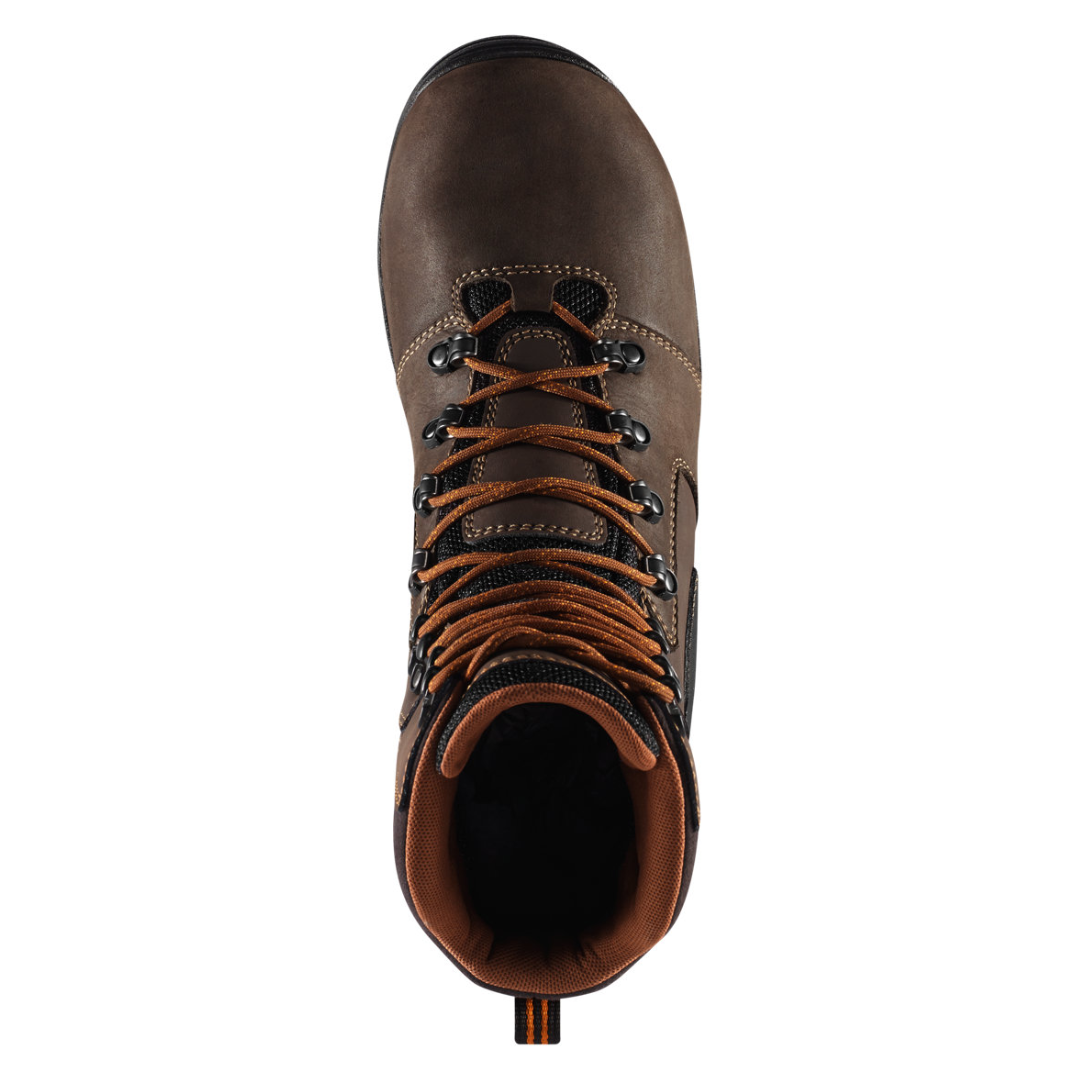 Top view of Men’s Danner Vicious 8″ work boot in brown – featuring full-grain leather upper, padded collar, and speed lace system for a secure fit.