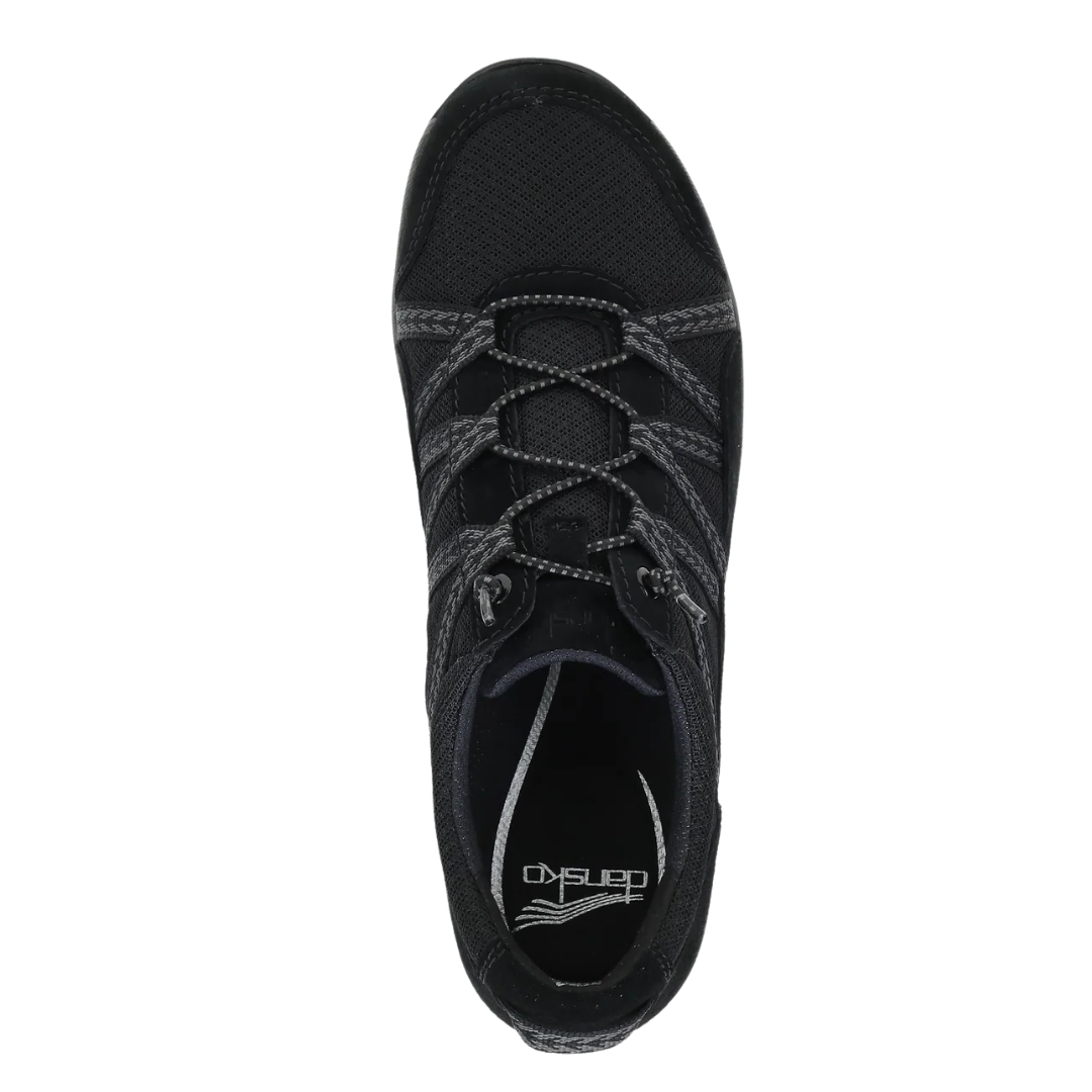 Top view of Women’s Dansko Harlyn sneaker in black suede – featuring a smooth suede upper, padded tongue, and stretch laces for slip-on convenience.