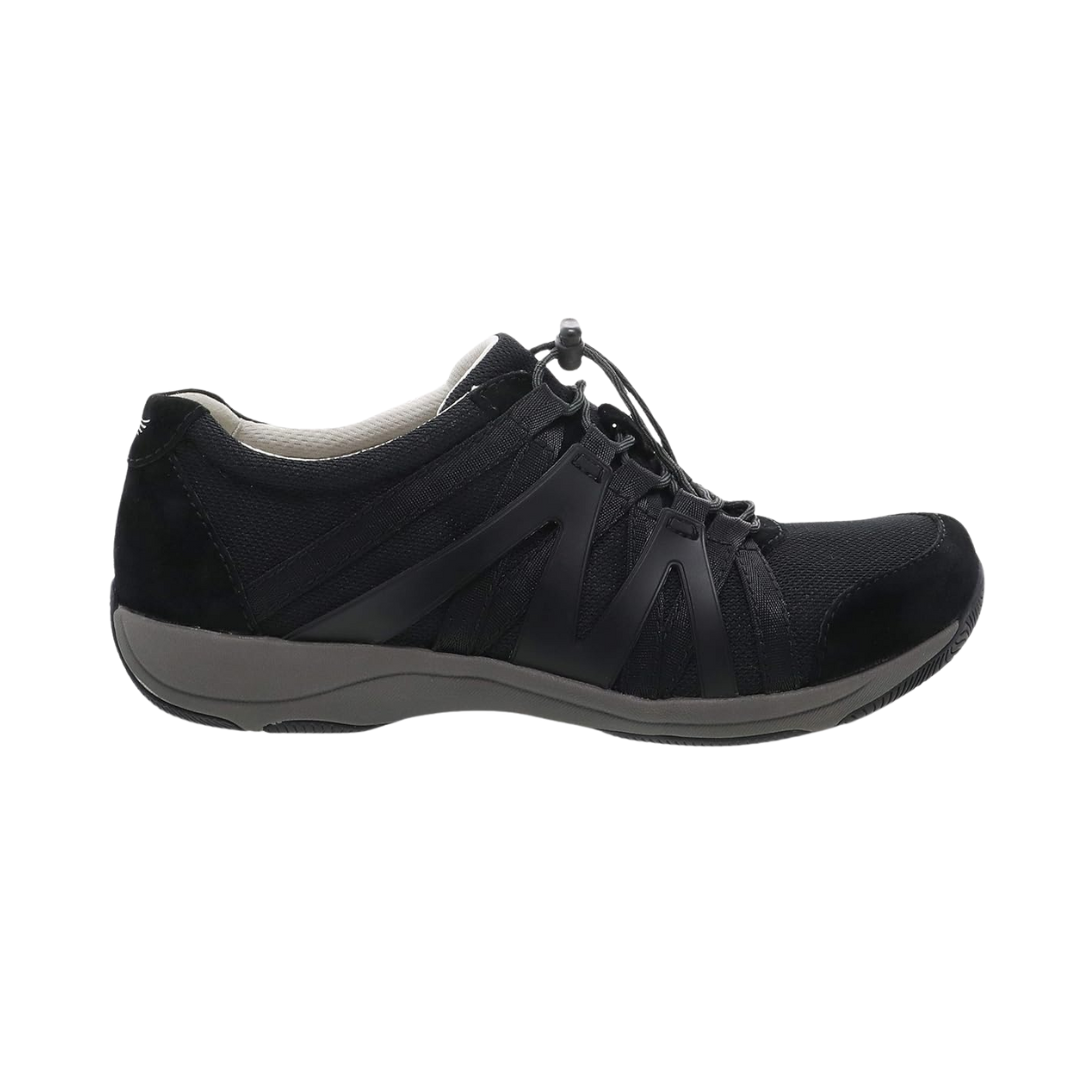 Side view of Women’s Dansko Henriette sneaker in black suede – featuring a sporty low-top profile, supportive midsole, and tonal stitching for sleek style.