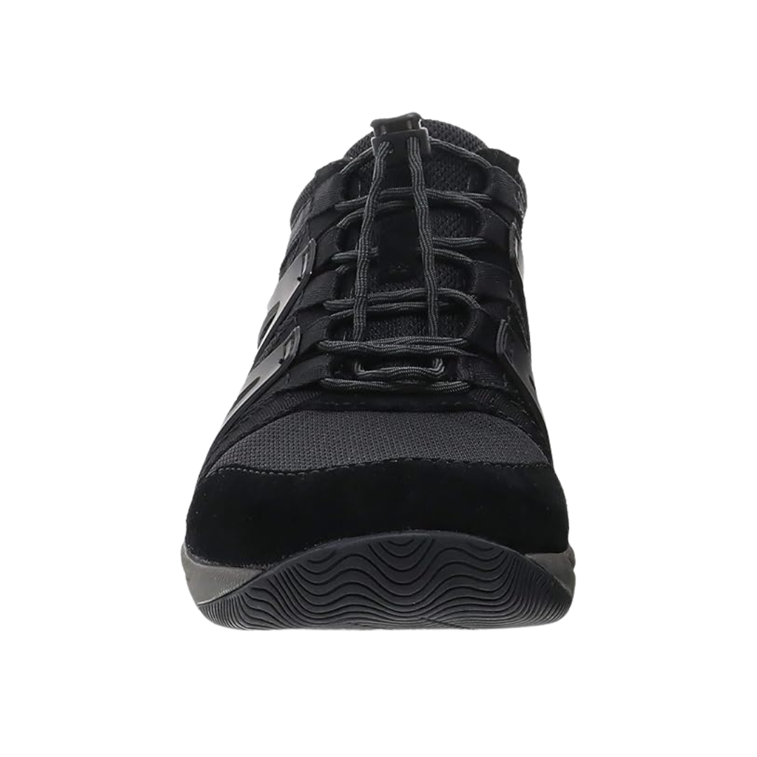 Front view of Women’s Dansko Henriette sneaker in black suede – featuring a rounded toe, mesh-front panel, and classic lace-up design for a secure fit.