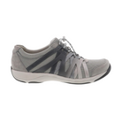 Side view of Women’s Dansko Henriette sneaker in grey suede – featuring a sporty low-cut silhouette, supportive arch midsole, and mix-material upper for flexibility.