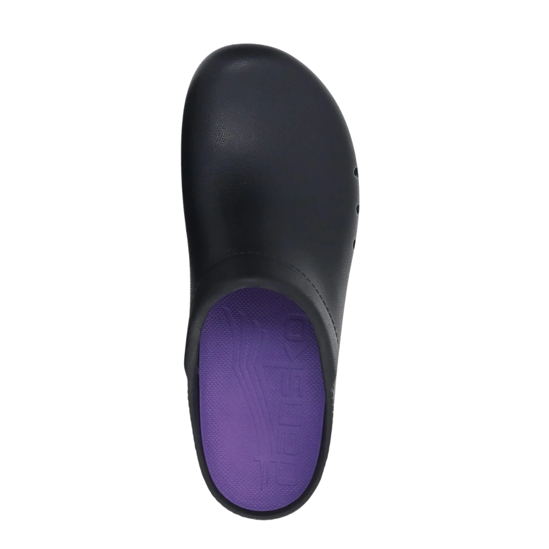 Top view of Women’s Dansko Kane molded clog in black – featuring a perforated upper, easy slip-on design, and contoured footbed for lightweight support.