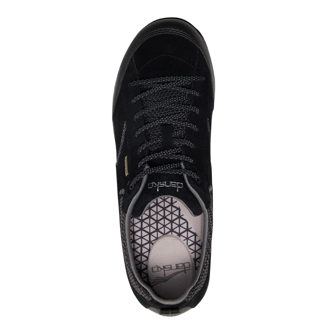 Top view of Women’s Dansko Paisley shoe in black suede – featuring a weather-resistant upper, lace-up closure, and padded collar for all-day support.