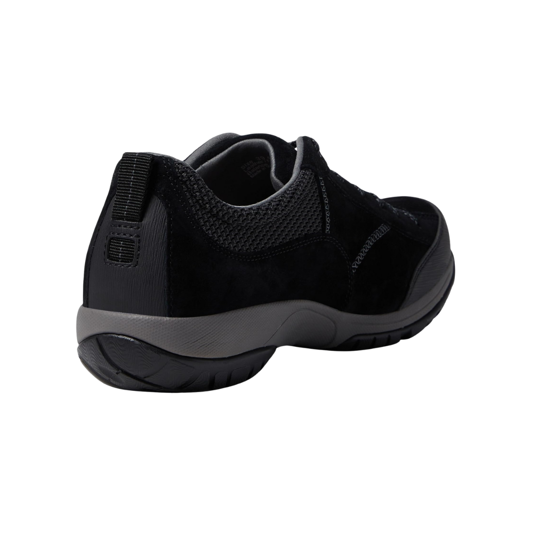 Angled view of Women’s Dansko Paisley shoe in black suede – featuring waterproof suede material, side stitching details, and supportive midsole for daily walking comfort.