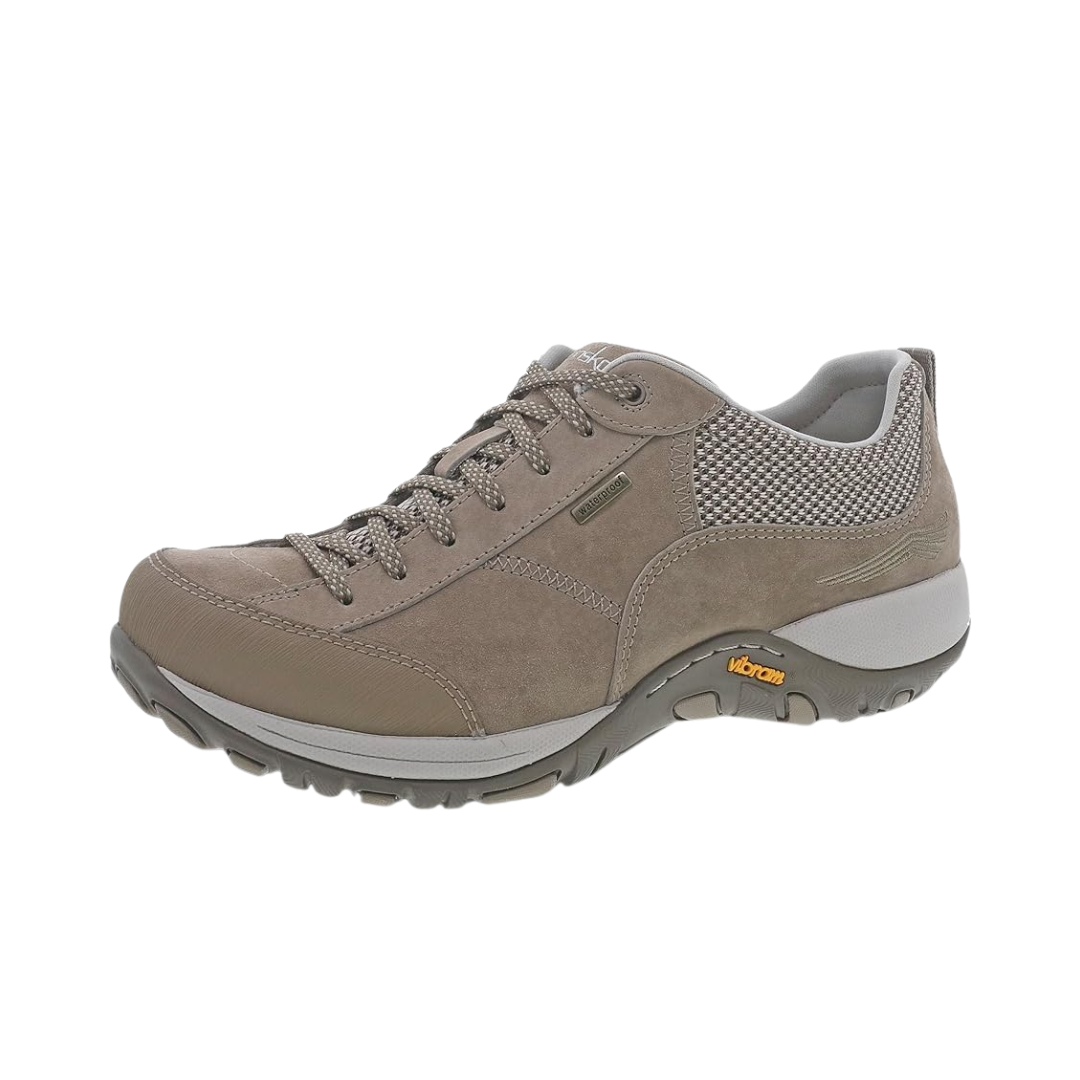 Side view of Women’s Dansko Paisley shoe in suede walnut – featuring tonal stitching, arch-support midsole, and weather-resistant finish for active comfort.