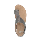 Top view of the Women’s Dansko Reece Sandal in Pewter Metallic, showing the smooth chrome-free leather lining, open-toe design, and supportive footbed contouring. The sandal provides enhanced arch support and a stable fit.