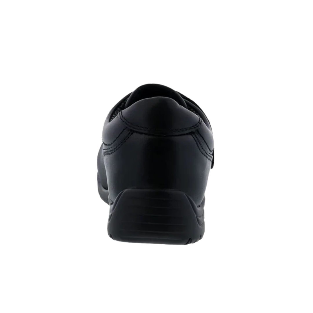 Back view of Women’s Drew Antwerp shoe in black leather – featuring a sturdy heel counter, padded collar, and seamless heel seam for added support.