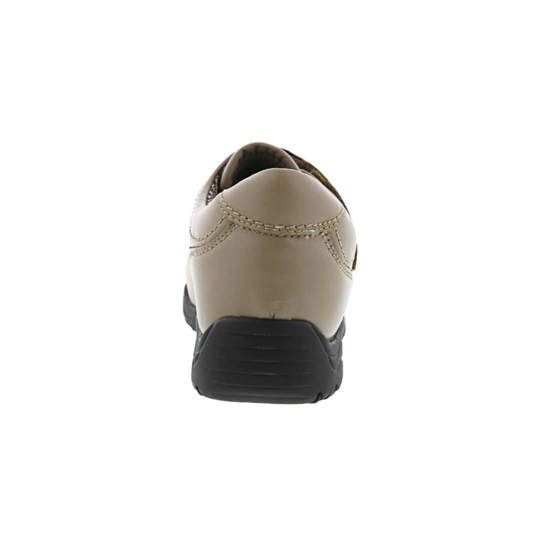 Back view of Women’s Drew Antwerp shoe in stone nubuck – featuring a reinforced heel counter, padded collar, and wide opening for easy entry.