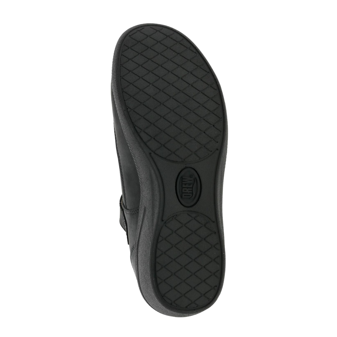 Bottom view of Women’s Drew Jillian casual shoe in black leather – featuring a durable rubber sole, patterned tread, and shock-absorbing outsole.