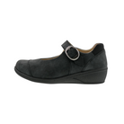 Side view of Women’s Drew Jillian casual shoe in black leather – featuring a low-profile design, stitched leather panels, and buckle closure across the instep.