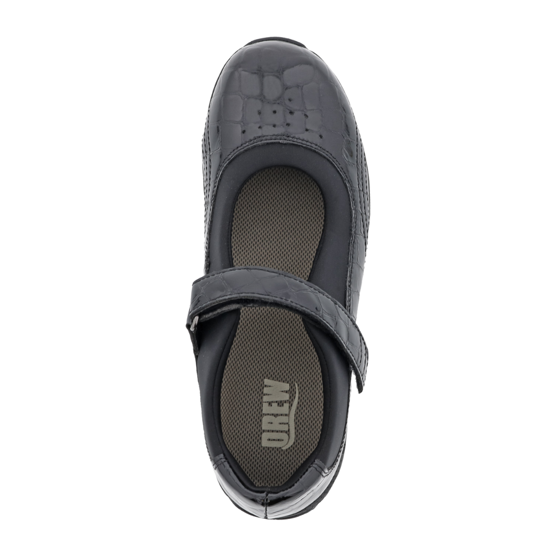 Top view of Women’s Drew Rose shoe in black croc – featuring a glossy croc-embossed upper, dual hook-and-loop straps, and wide toe box for easy fit.