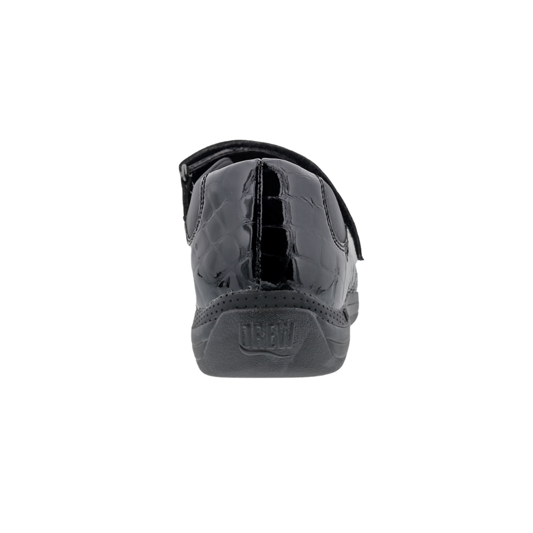 Back view of Women’s Drew Rose shoe in black croc – featuring reinforced heel construction, padded collar, and smooth croc-texture detail.