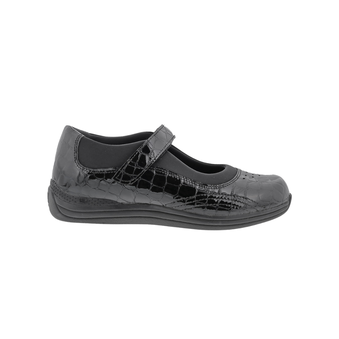 Side view of Women’s Drew Rose shoe in black croc – featuring a sleek low-cut profile, cushioned midsole, and textured leather finish.