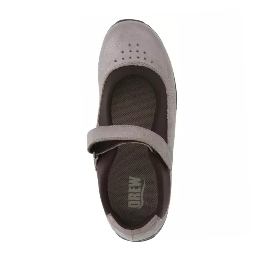 Top view of Women’s Drew Rose comfort shoe in dusty pewter – featuring dual hook-and-loop straps, wide toe box, and soft padded upper for enhanced comfort.