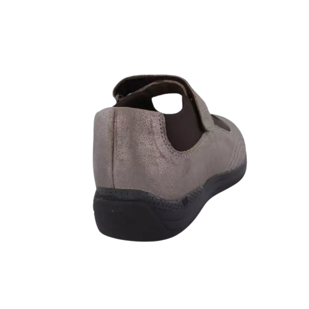 Back view of Women’s Drew Rose comfort shoe in dusty pewter – featuring a cushioned heel collar, reinforced heel support, and subtle shimmer texture.