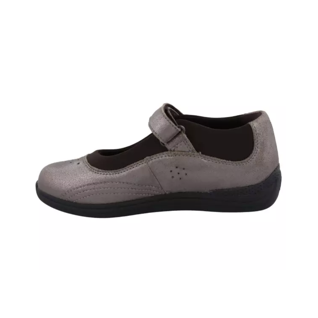 Side view of Women’s Drew Rose comfort shoe in dusty pewter – featuring a metallic-textured finish, lightweight sole, and adjustable closure for a personalized fit.