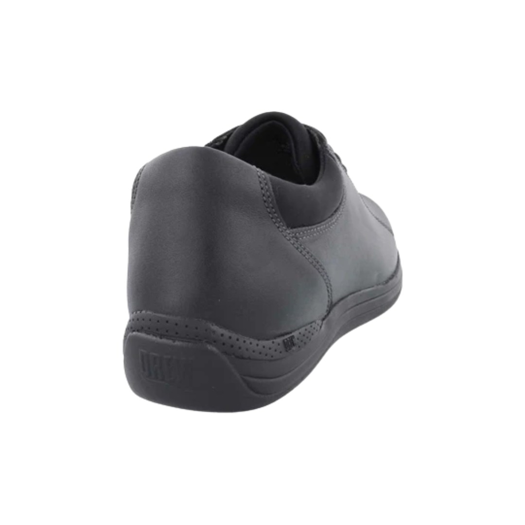 Back view of Women’s Drew Tulip comfort shoe in black leather – featuring a padded heel collar, reinforced heel counter, and clean seam finish.