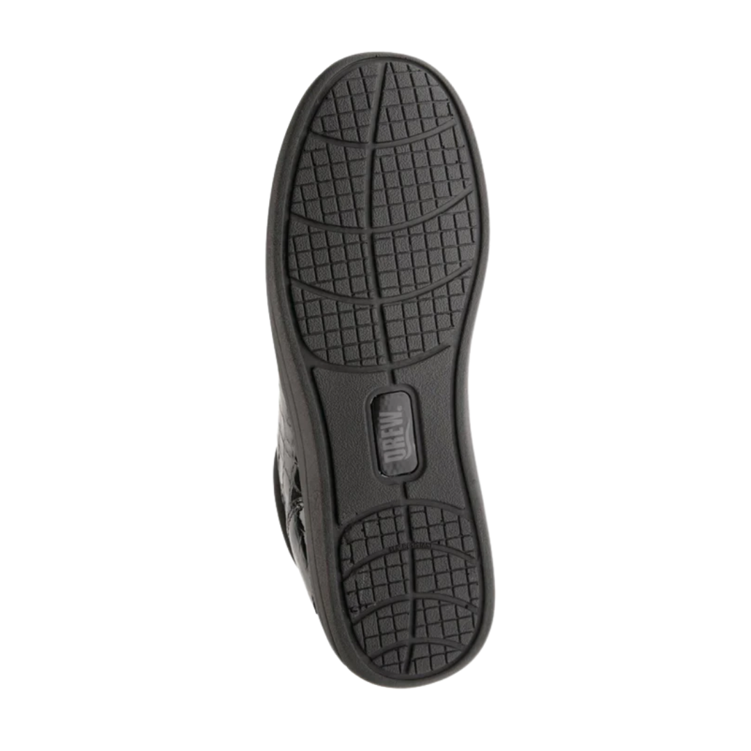 Bottom view of Women’s Drew Tulip comfort shoe in black leather – featuring a non-slip rubber outsole, rocker bottom design, and grip-enhancing tread pattern.