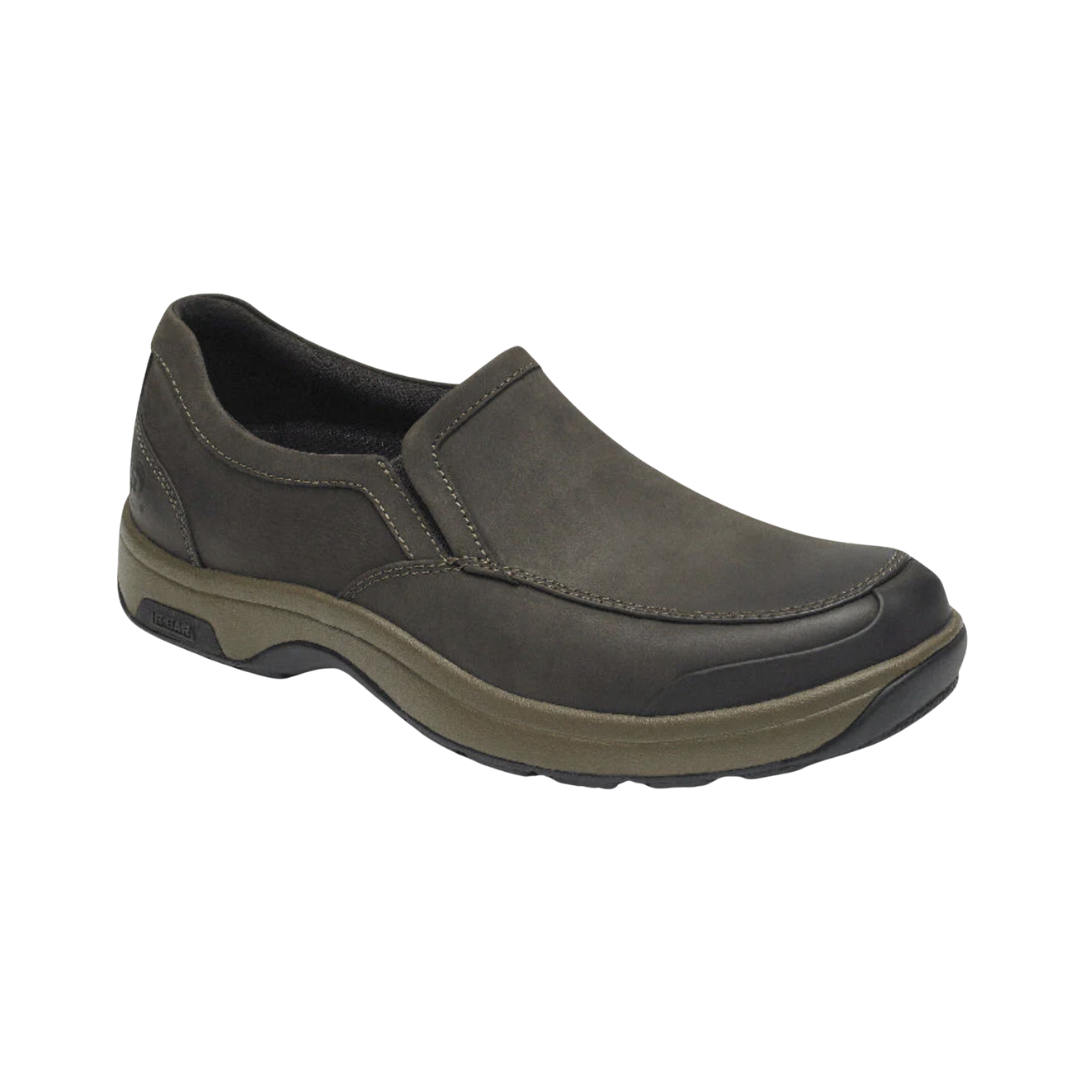 Side View of Men’s Dunham Battery Park Slip-On shoe in brown nubuck – featuring waterproof leather upper for all-weather wear, slip-resistant rubber outsole for secure footing, and R-BAR stability technology for added arch support and motion control.
