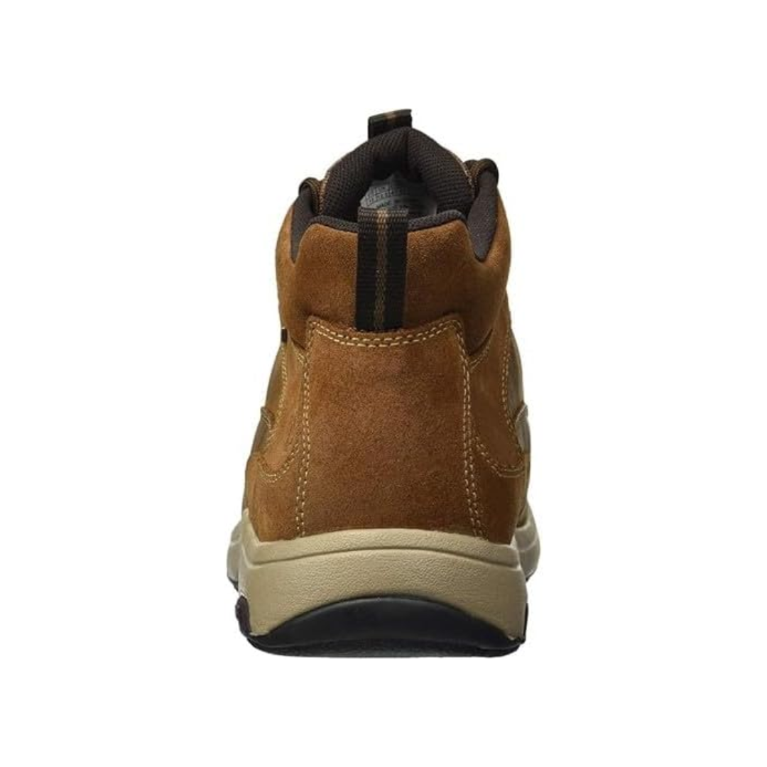 Back View of Men’s Dunham 8000 Waterproof Mid Boot in Tan leather – featuring a padded collar for ankle support, a pull tab for easy on and off, and a durable rubber outsole for traction.