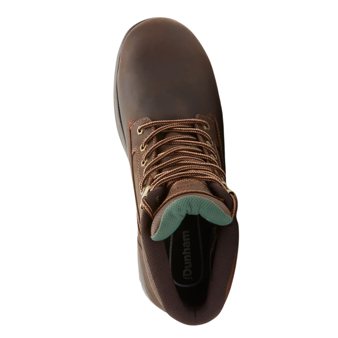 Top View of Men’s Dunham 8000 Works 8-Inch Plain Toe Boot in Brown leather – featuring a lace-up closure, padded collar and tongue, and a removable EVA footbed for customizable comfort.