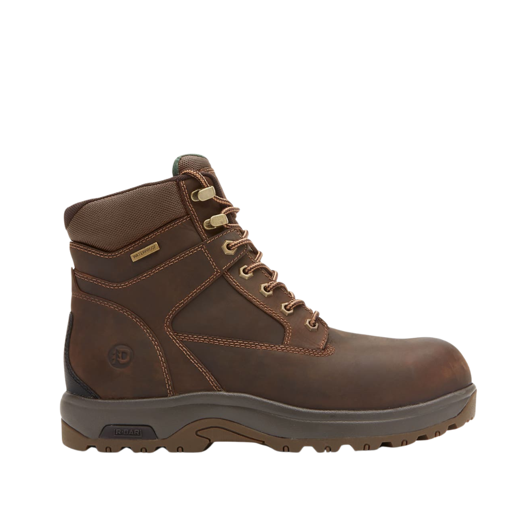 Side View of Men’s Dunham 8000 Works 8-Inch Plain Toe Boot in Brown leather – featuring full-grain waterproof leather, a lace-up design, padded collar, and a rugged slip-resistant rubber outsole built for durability and on-the-job protection.