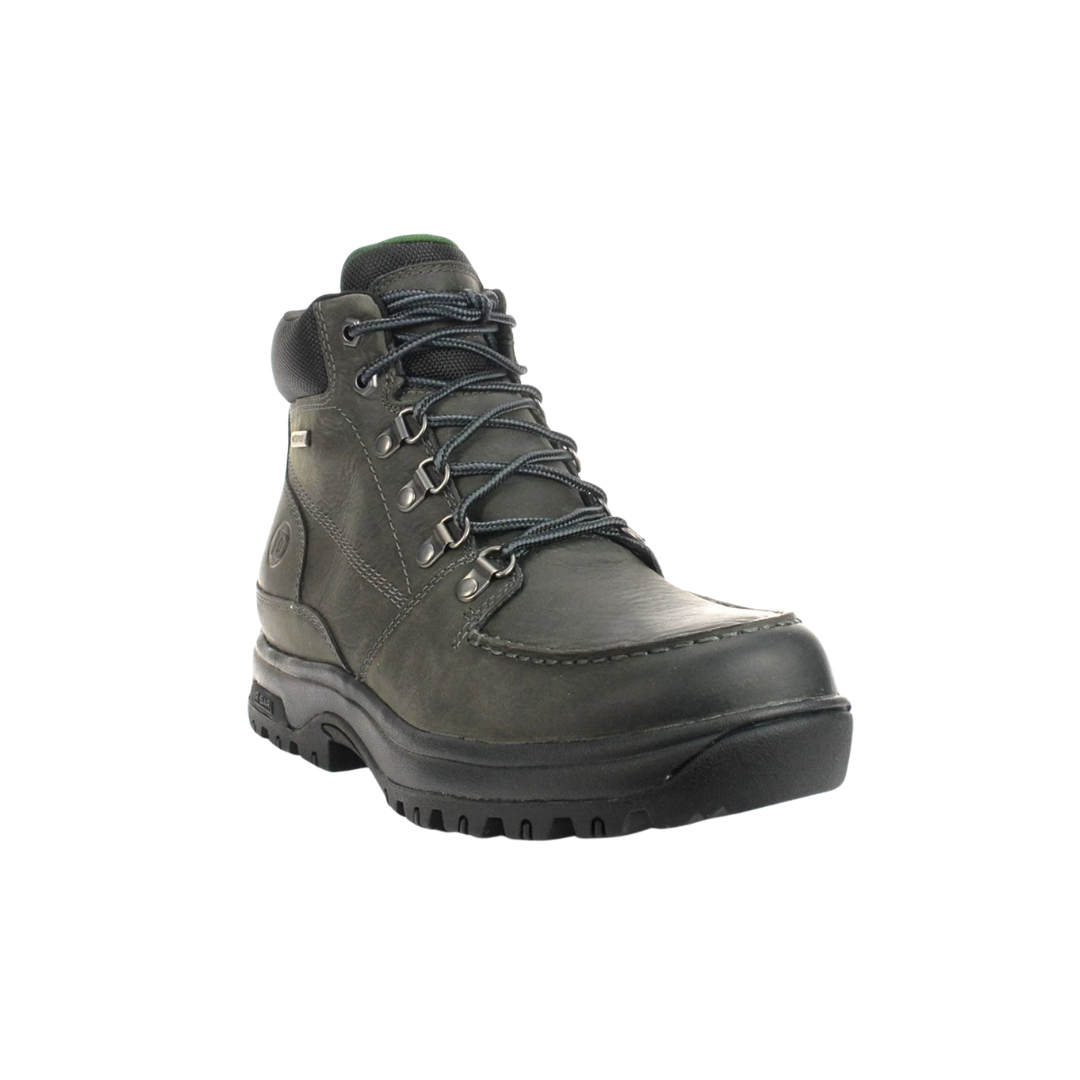 Angled View of Men’s Dunham 8000 Works Moc Boot in Castlerock grey leather – featuring full-grain waterproof leather upper, seam-sealed construction, and a lightweight EVA midsole for all-day cushioning.
