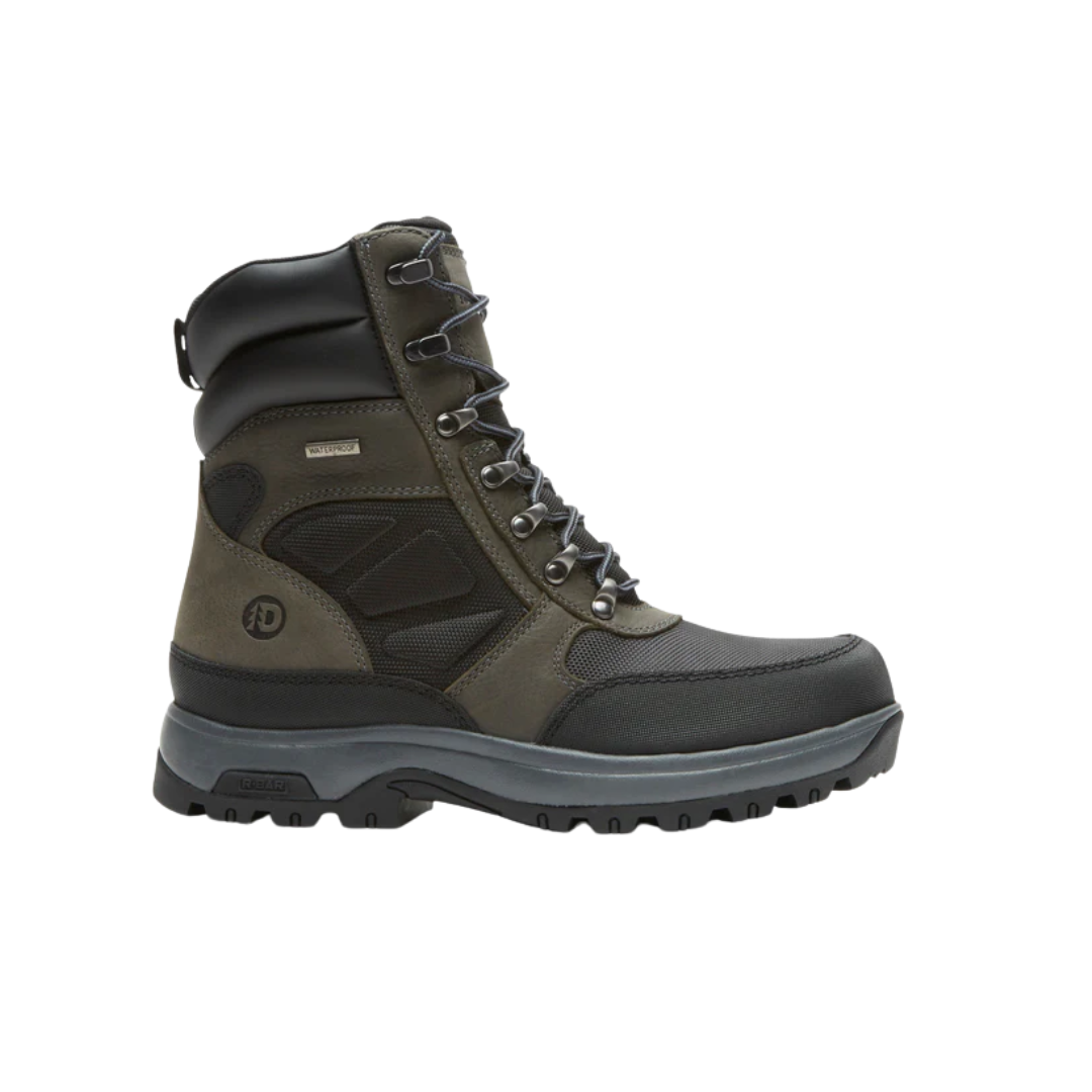 Side View of Men’s Dunham 8000 Works Moc Boot in Castlerock grey leather – featuring full-grain waterproof leather upper, seam-sealed construction, and a lightweight EVA midsole for all-day cushioning.