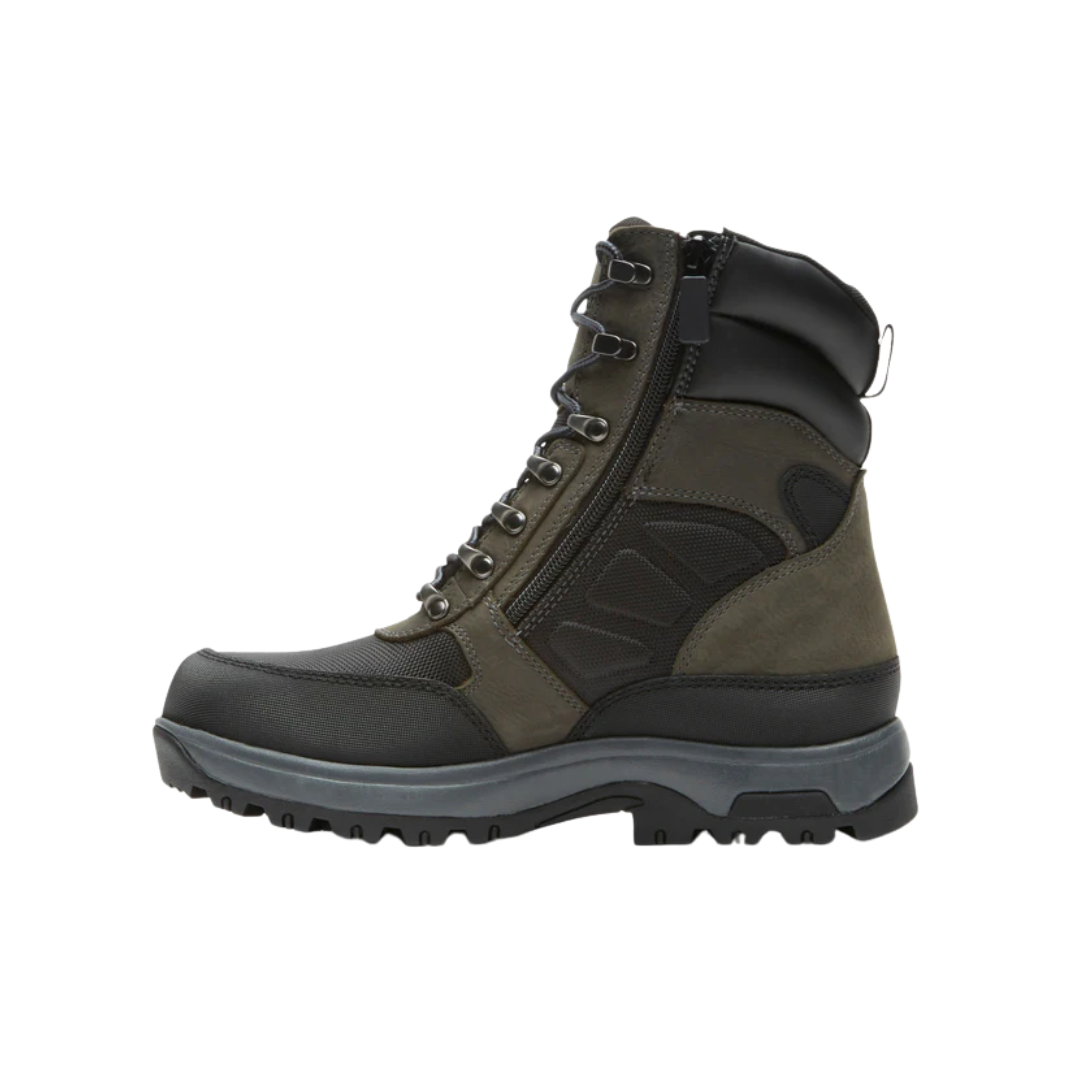 Side View of Men’s Dunham 8000 Works Waterproof 8-Inch Ubal Boot in Black and Castlerock – featuring a waterproof leather upper, seam-sealed construction, and a slip-resistant rubber outsole built for rugged work environments.