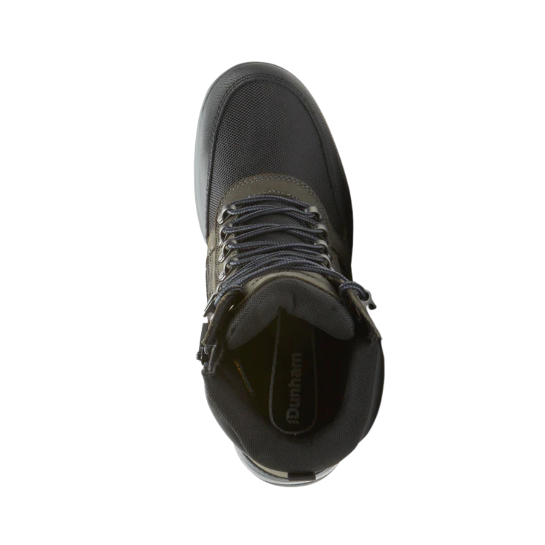Top View of Men’s Dunham 8000 Works Waterproof 8-Inch Ubal Boot in Black and Castlerock – featuring a lace-up front with metal eyelets, padded tongue and collar, and a removable dual-density EVA footbed for long-lasting comfort.