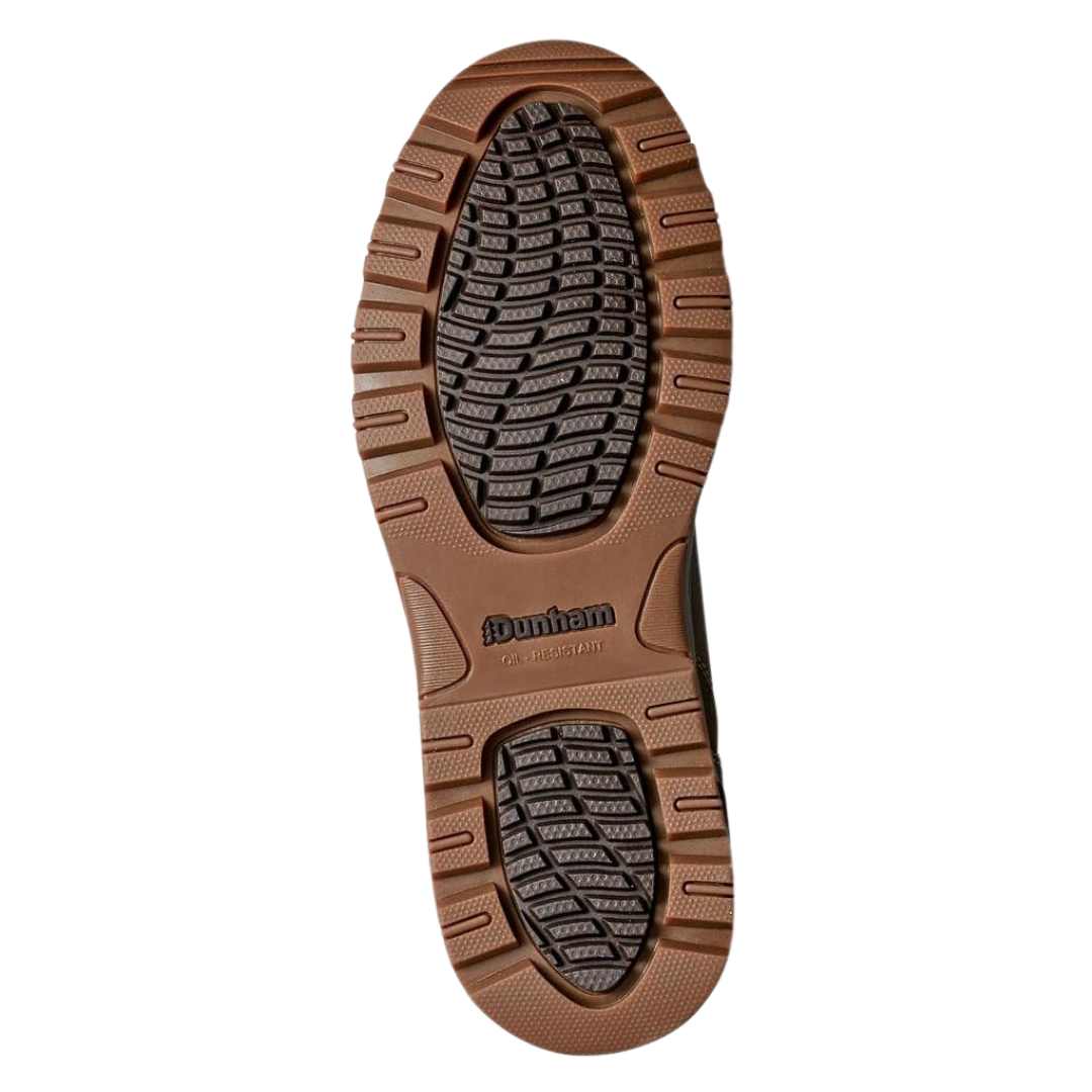 Bottom View of Men’s Dunham 8000 Works Waterproof Plain Toe Boot in Brown leather – featuring a heavy-duty rubber outsole with deep tread grooves for excellent grip on a variety of surfaces.