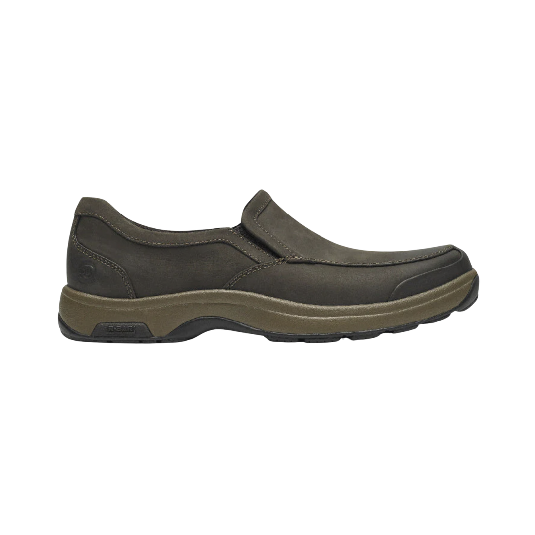 Side View of Men’s Dunham Battery Park Slip-On shoe in brown nubuck – featuring waterproof construction, supportive midsole for shock absorption, and a classic slip-on profile with smooth, durable nubuck leather.