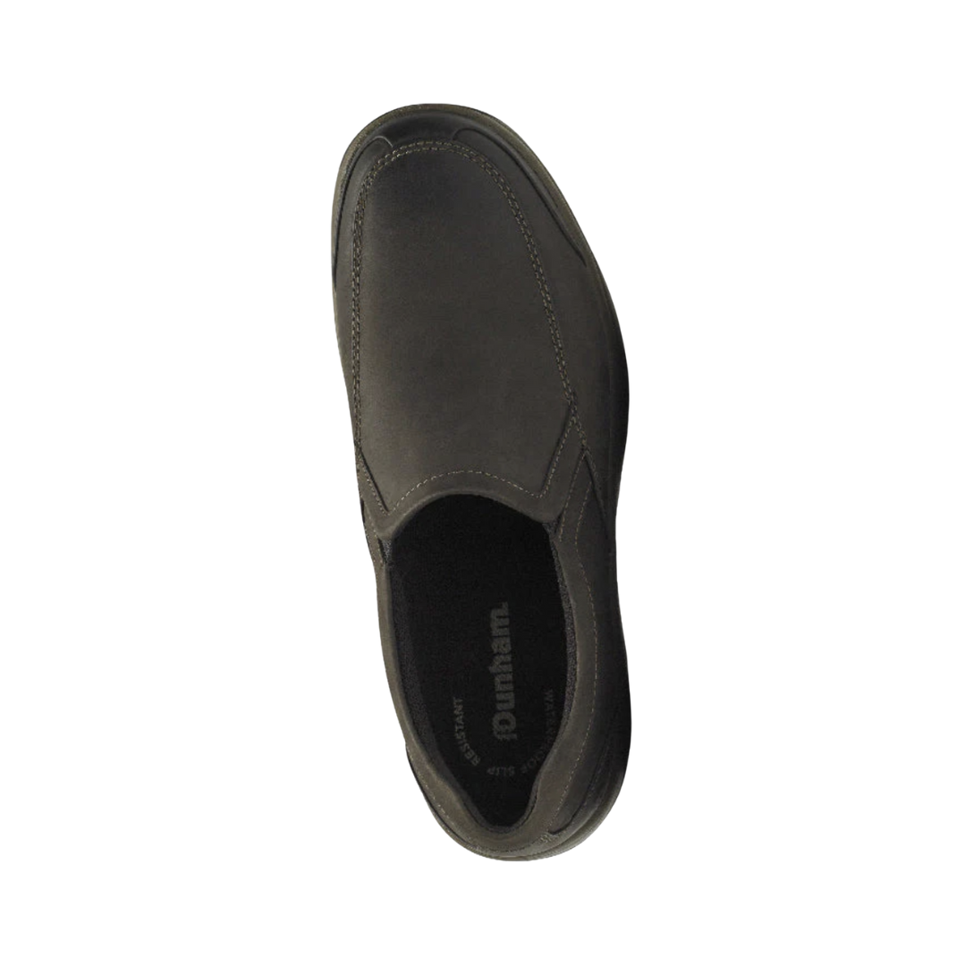 Top View of Men’s Dunham Battery Park Slip-On shoe in brown nubuck – featuring padded collar for ankle comfort, twin gore panels for flexibility, and a cushioned insole with arch support for long-lasting comfort.
