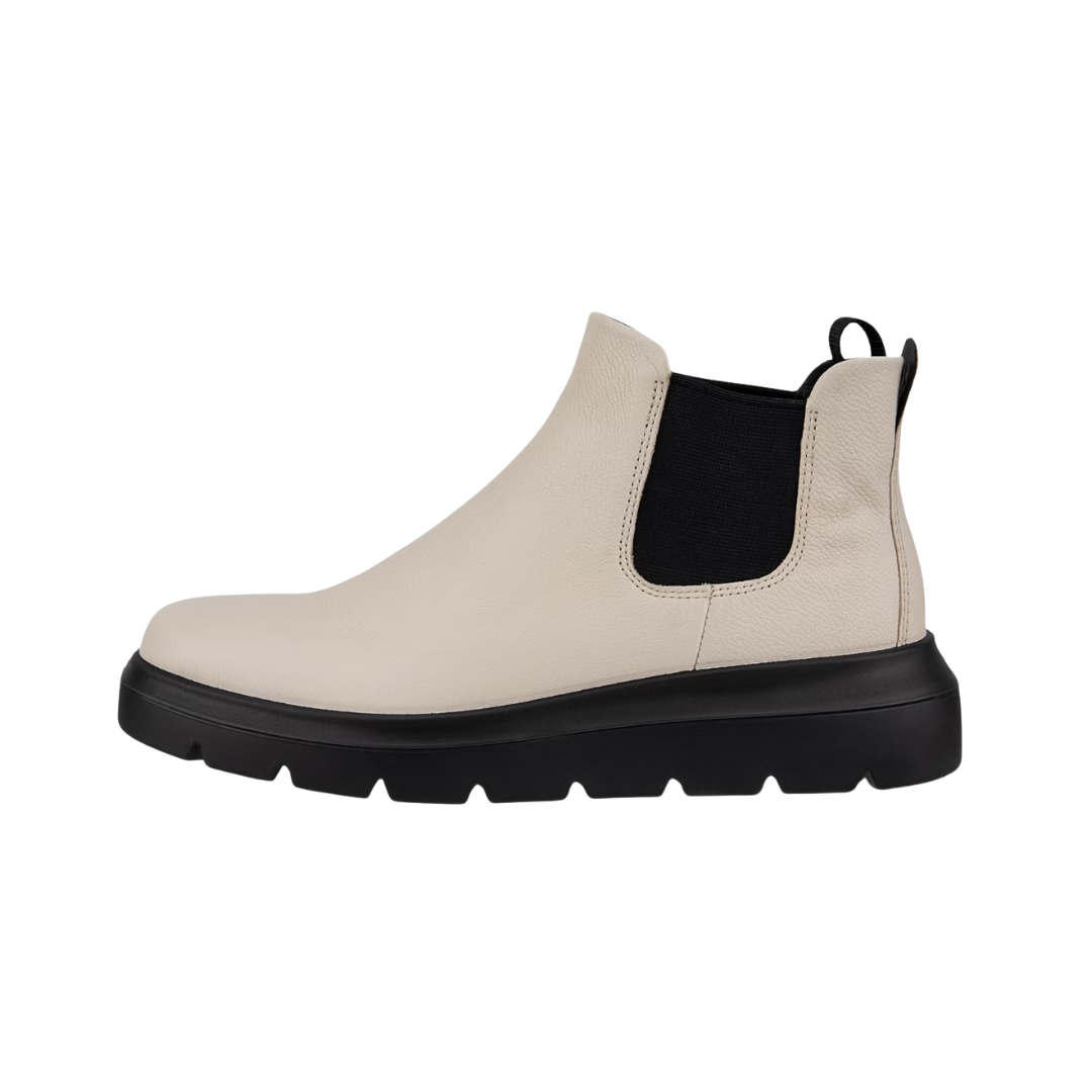 Side view of Women’s Ecco Nouvelle Chelsea boot in limestone – featuring premium leather upper with elastic side panels for easy slip-on wear, cushioned footbed for all-day comfort, and sleek silhouette perfect for versatile styling.