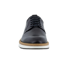 Front view of Men’s Ecco ST.1 Hybrid Derby shoe in black – featuring classic derby toe design with smooth leather finish, reinforced stitching for durability, and structured lacing system for a snug fit.