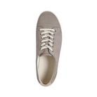 Top View of Women’s ECCO Soft 7 Sneaker in Warm Grey – featuring smooth leather upper, padded tongue and collar for comfort, and secure lace-up design for a customized fit.