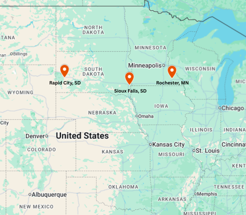 Map showing Fit My Feet locations with pin drops in Rapid City, South Dakota; Sioux Falls, South Dakota; and Rochester, Minnesota.