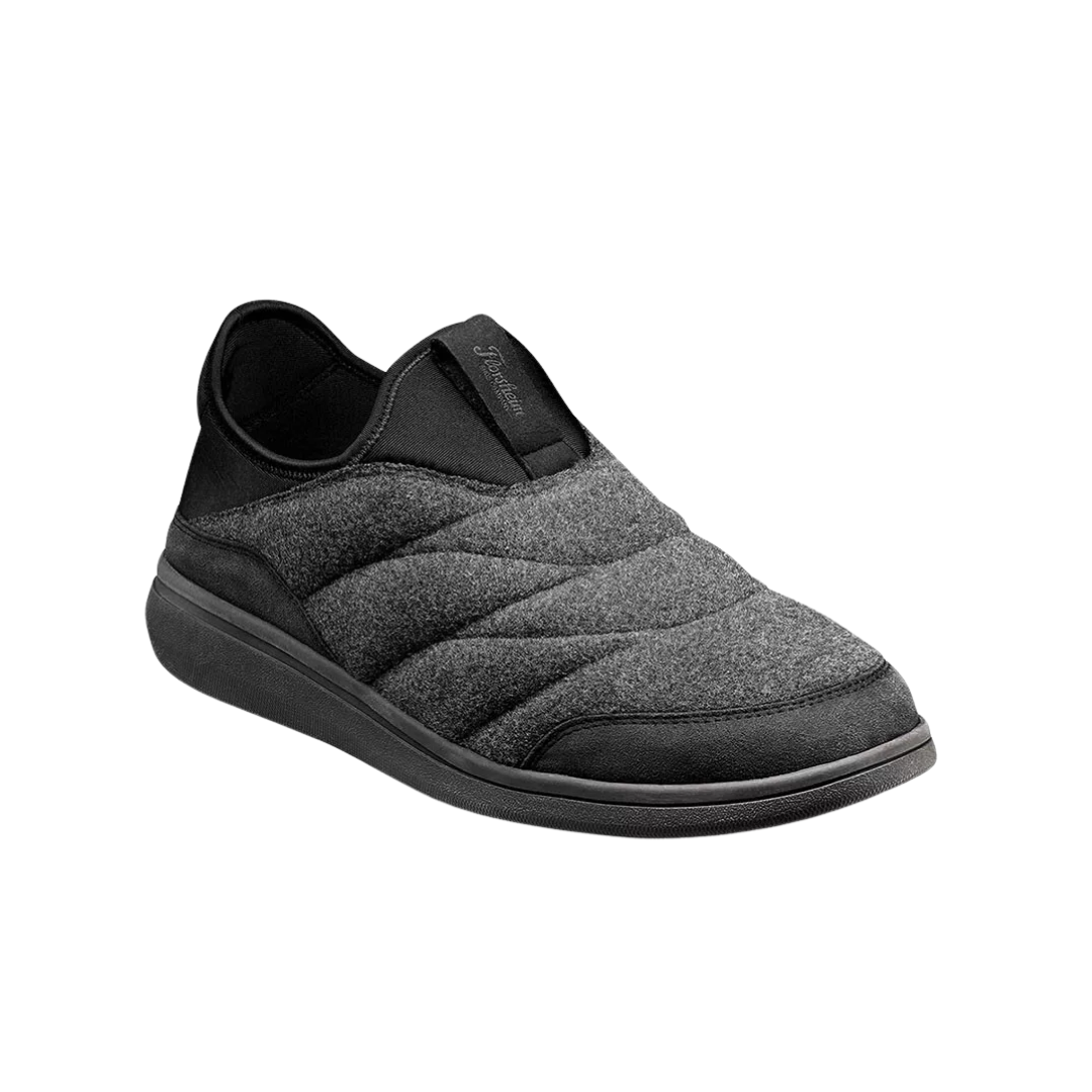 Angled view of Men’s Florsheim Java Wool Moc in Charcoal – capturing the cozy wool finish, crafted moc toe seam, and casual loafer silhouette ideal for home, travel, or relaxed everyday wear.