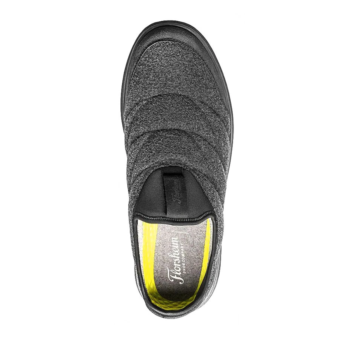 Top view of Men’s Florsheim Java Wool Moc in Charcoal – displaying the plush wool texture, stitched moccasin construction, and lace tie accents for a refined, slipper-inspired silhouette.