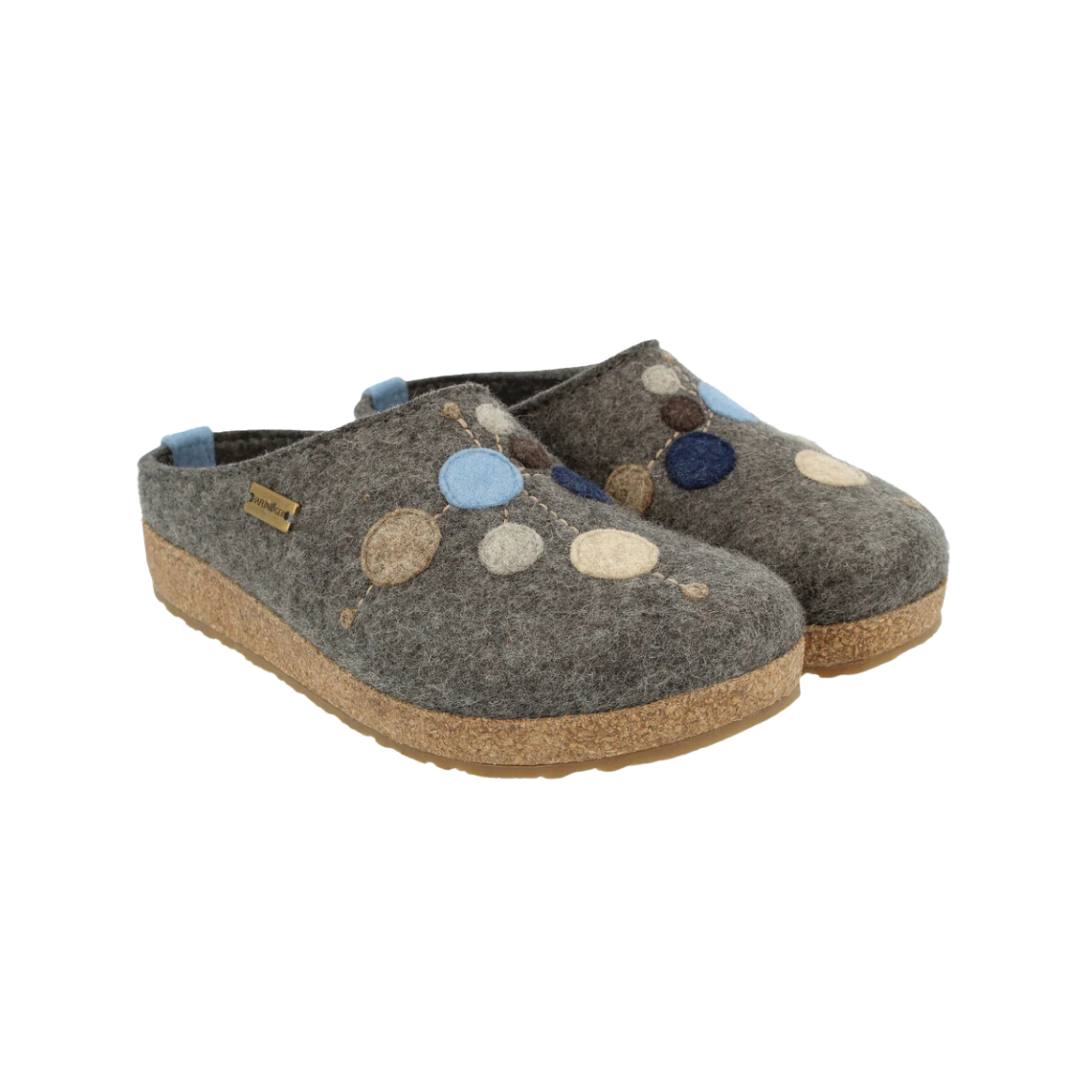 Women's Haflinger Faible slip-on shoe in grey, light blue, navy, and tan with a cork bottom